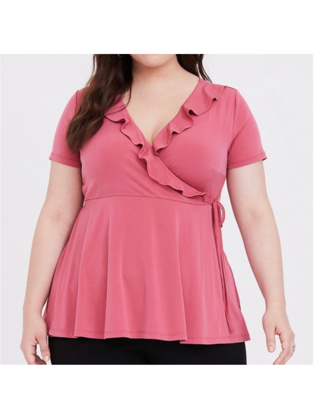 Torrid Pink Ruffle Wrap Top Blouse Plus Size 4X Vneck Tshirt Stretchy Feminine